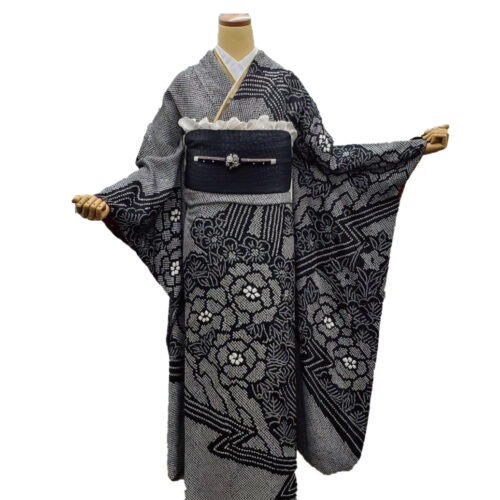 振袖レンタル　Mサイズ　黒色　総絞り　クロコ調袋帯