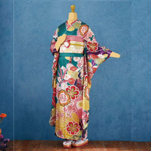 兵庫県　姫路　振袖レンタル　M　サイズ　青　緑