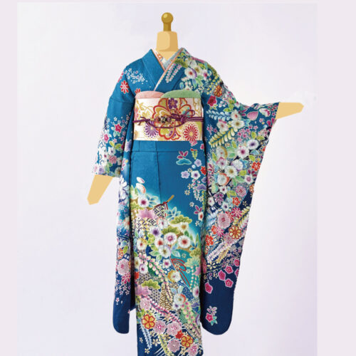 高級辻が花の振袖レンタルです。青　水色