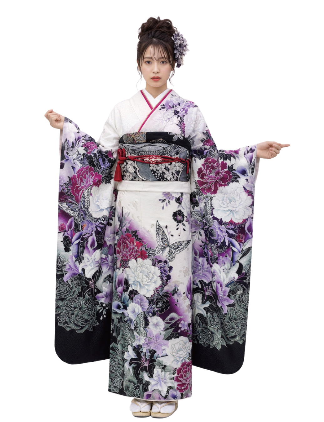 銀彩の豪華な蝶の振袖レンタル　Mサイズです。