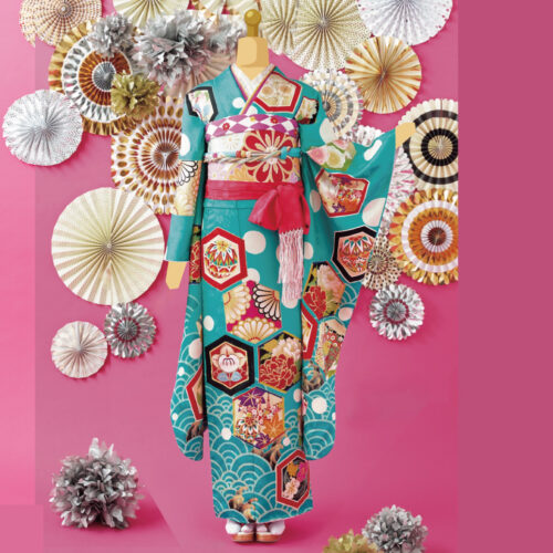 兵庫県　姫路　振袖レンタル　M　サイズ　緑　Barbieコラボ振袖