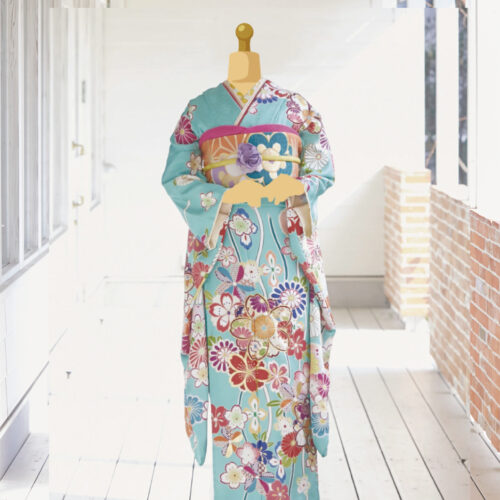 水色の振袖レンタル　2Lサイズ　花柄です。