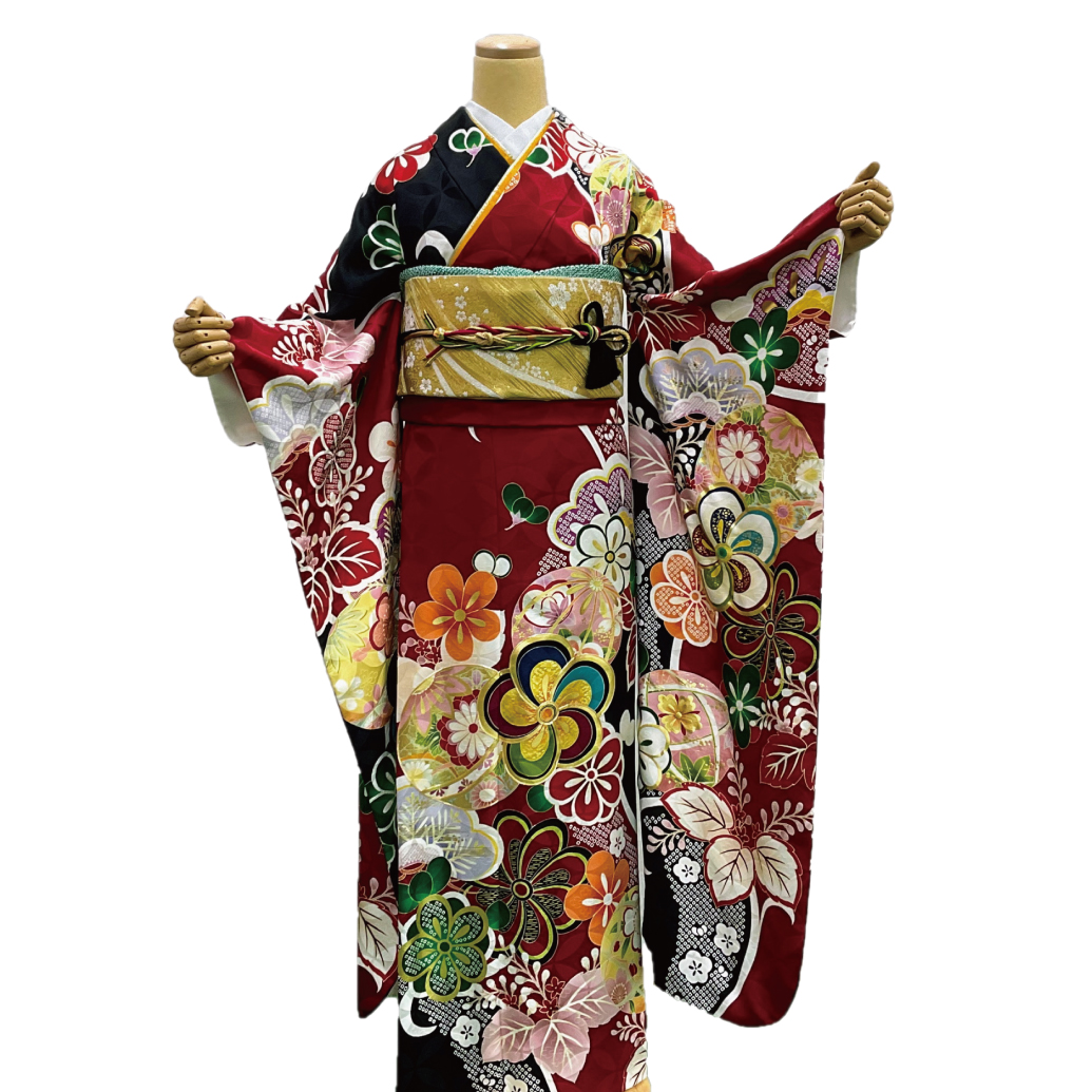 兵庫県　姫路　振袖レンタル　L　サイズ　赤黒　捩り梅