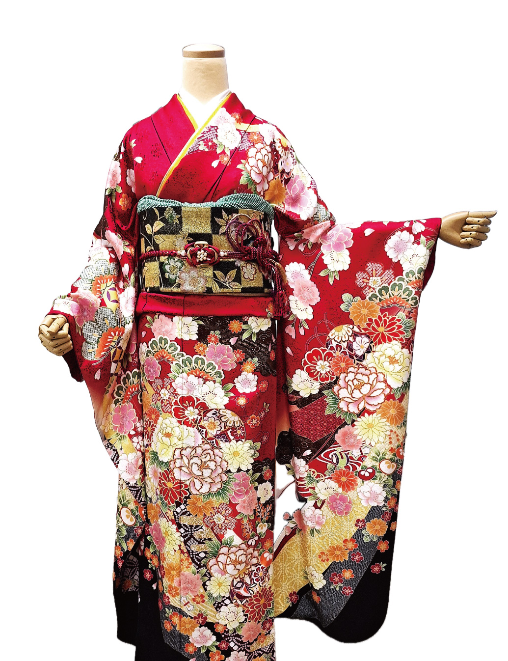 振袖レンタル　LLサイズ　赤色　手毬　花柄