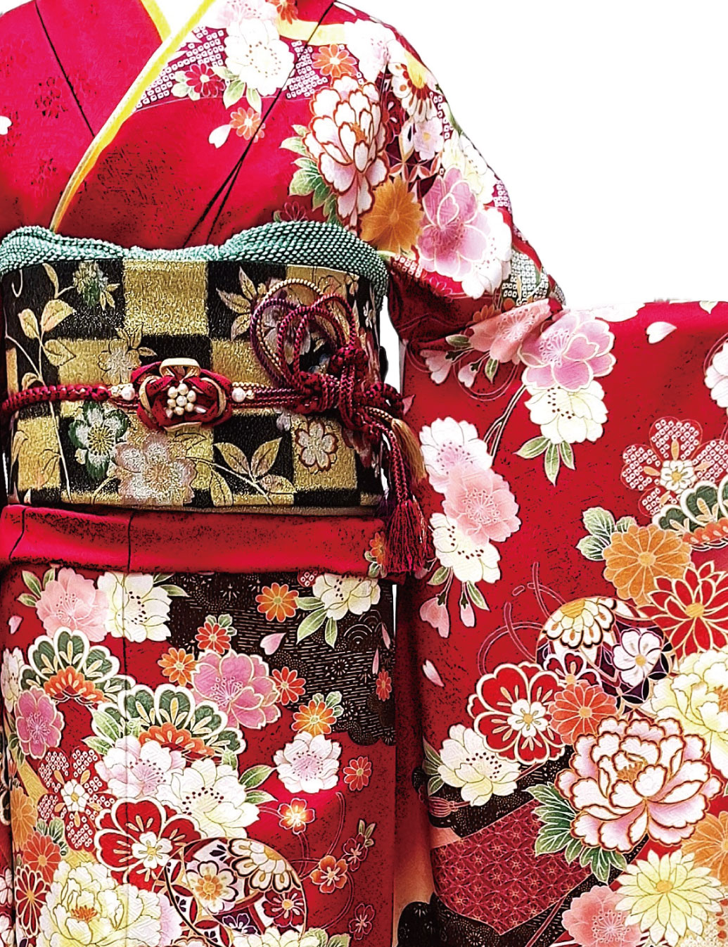 振袖レンタル　LLサイズ　赤色　手毬　花柄