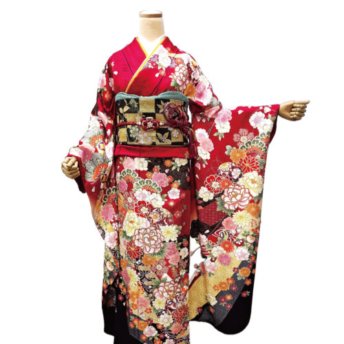 振袖レンタル　LLサイズ　赤色　手毬　花柄