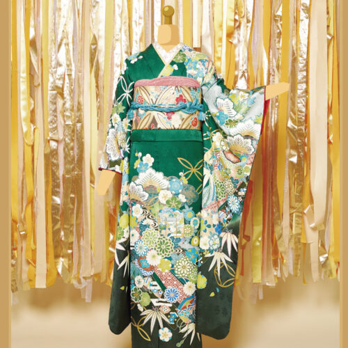 濃緑の振袖レンタル　モダン柄　人気