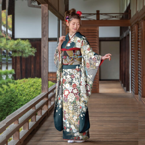 兵庫県　姫路　振袖レンタル　L　　深緑　四季華　七宝　お得