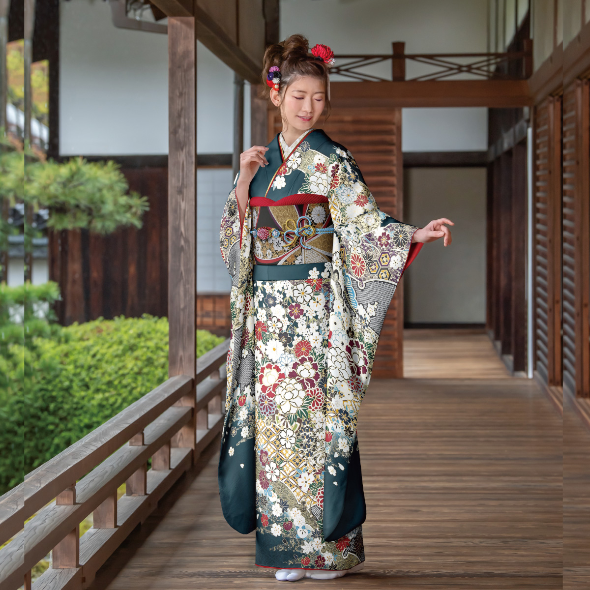 兵庫県 姫路 振袖レンタル L 深緑 四季華 七宝 お得
