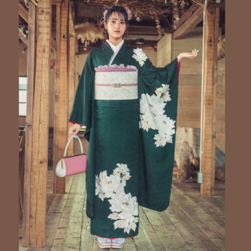 兵庫県姫路市、加古川市で振袖レンタルなら、Mサイズ　緑色　無地系振袖レンタルです。