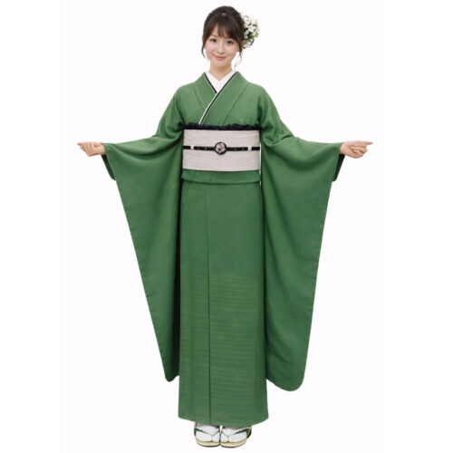 抹茶色の無地振袖レンタル、Mサイズ　草木色や緑の無地振袖レンタル