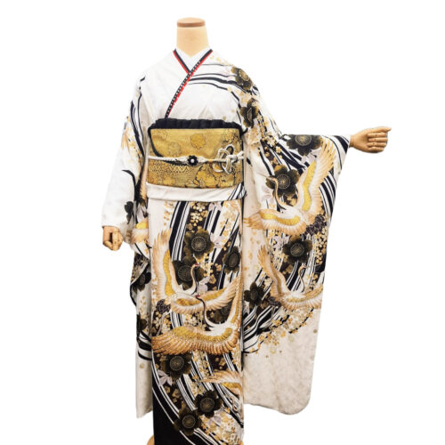 振袖レンタル　Mサイズ　白　黒　金　鶴