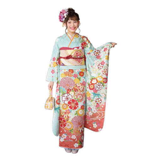 水色の古典柄振袖レンタル　Mサイズです。