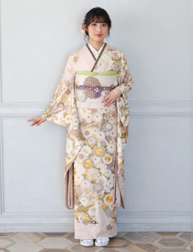 くすみ系　桃色振袖レンタル　Mサイズ　人気柄　身長160cm前後対応