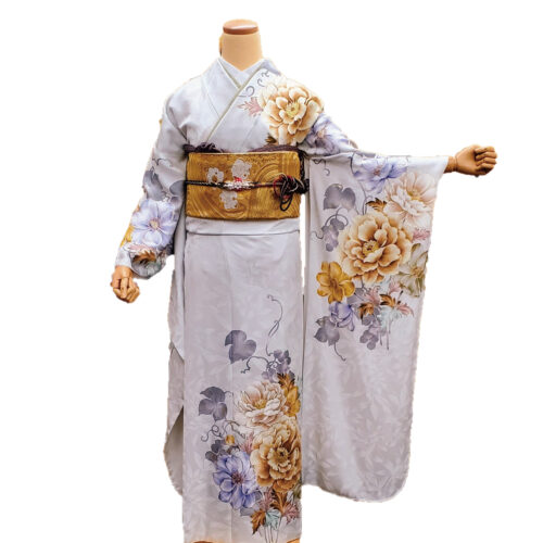 グレー振袖 牡丹 薔薇 花柄 Lサイズ 振袖レンタル