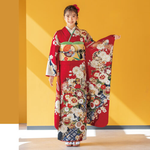 古典柄 赤色振袖レンタル大きいサイズ。LOサイズの振袖レンタルです。