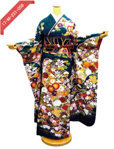 深緑色の振袖レンタル　Mサイズ　古典柄