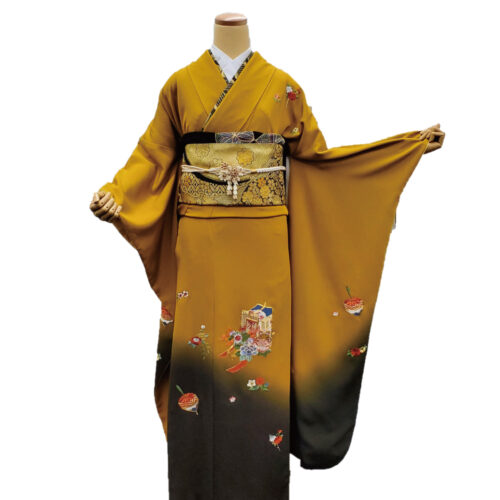 からし色　刺繍　振袖レンタル　Mサイズ　黄色
