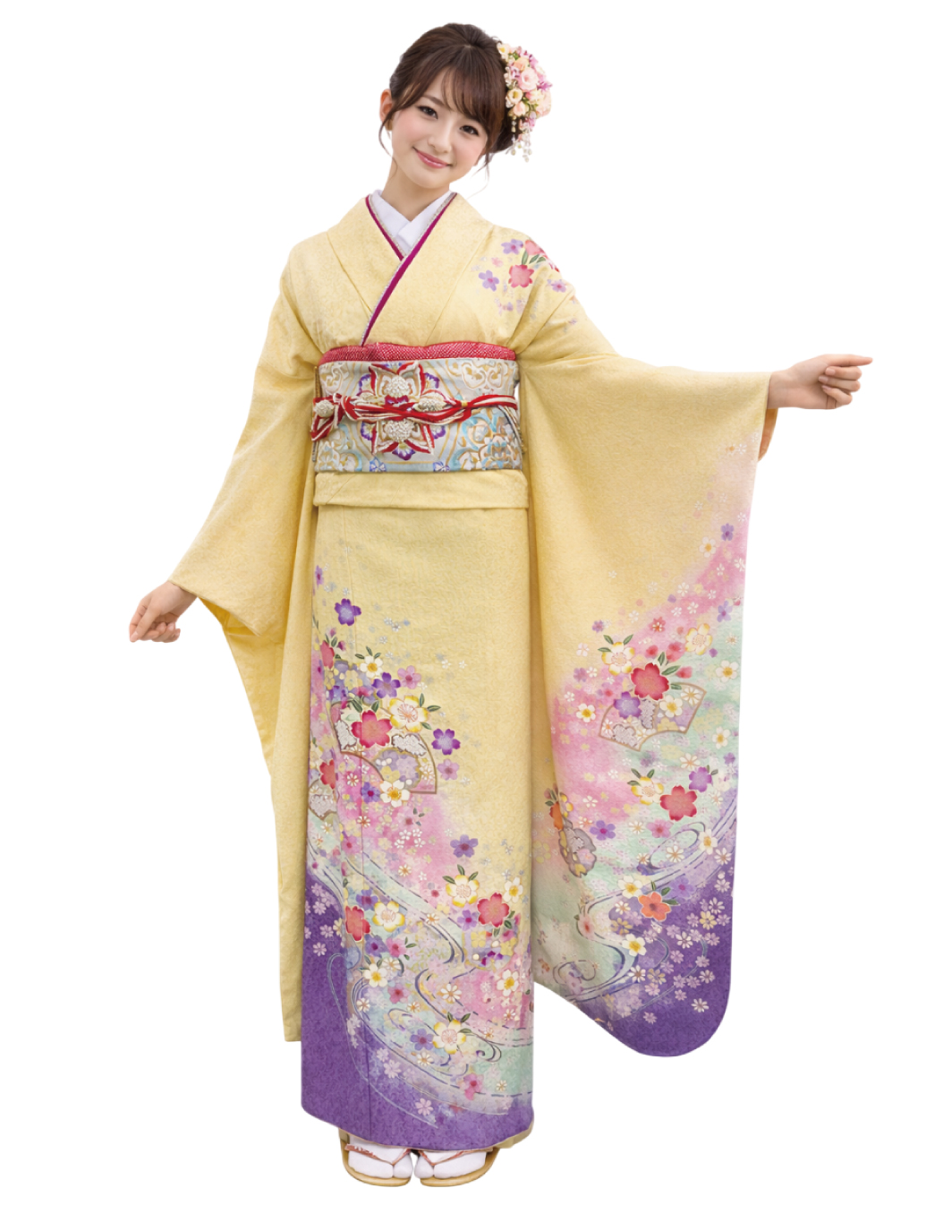 黄色　クリーム　振袖レンタル　Mサイズです。古典桜柄の可愛い振袖です。