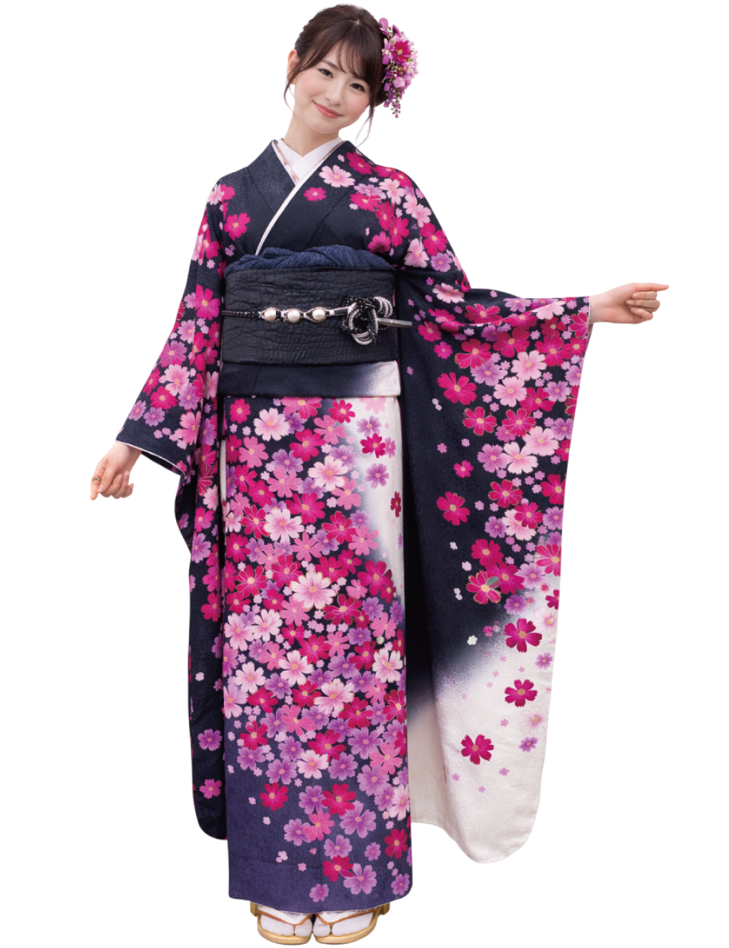 兵庫県姫路市、加古川市で振袖レンタルなら、Mサイズ　赤白のコスモス　振袖レンタルです。