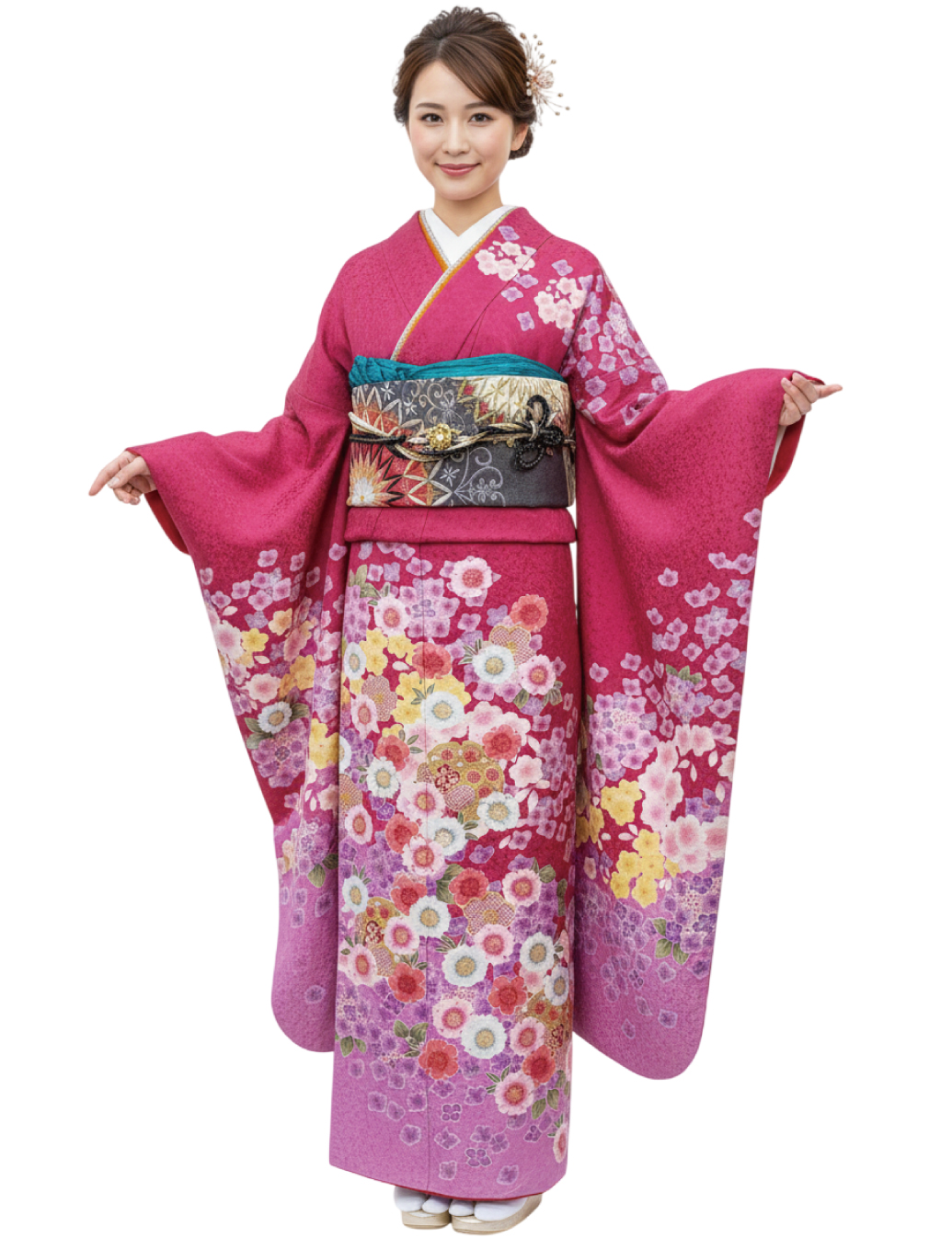 ピンク・桃色振袖レンタル。桜柄のMサイズの振袖です。