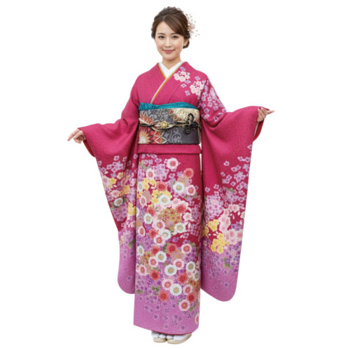 ピンク・桃色振袖レンタル。桜柄のMサイズの振袖です。