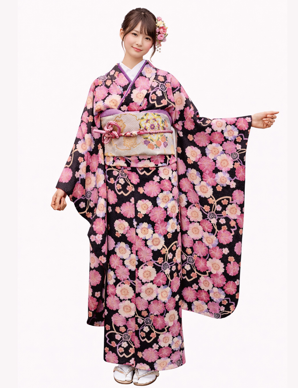 Sサイズ　こげ茶の可愛い桜柄振袖レンタル