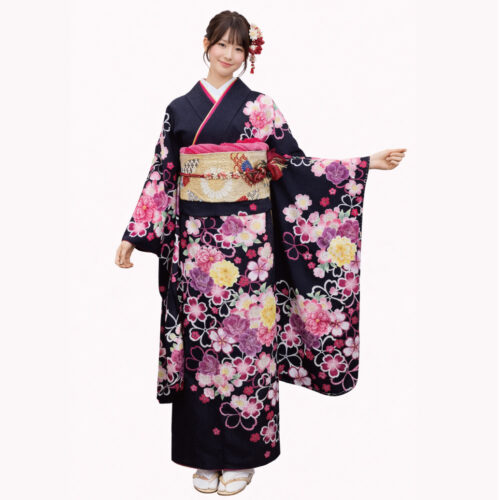 黒色の可愛い振袖レンタル、Sサイズです。小柄な方にもお似合いです。