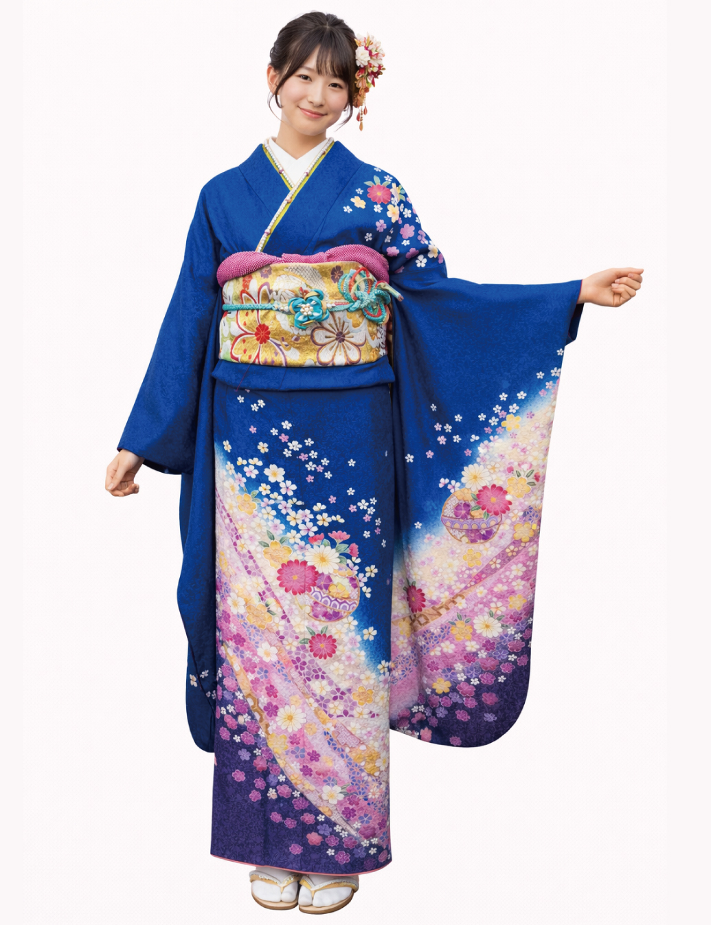 青振袖の手毬と桜柄の可愛い振袖