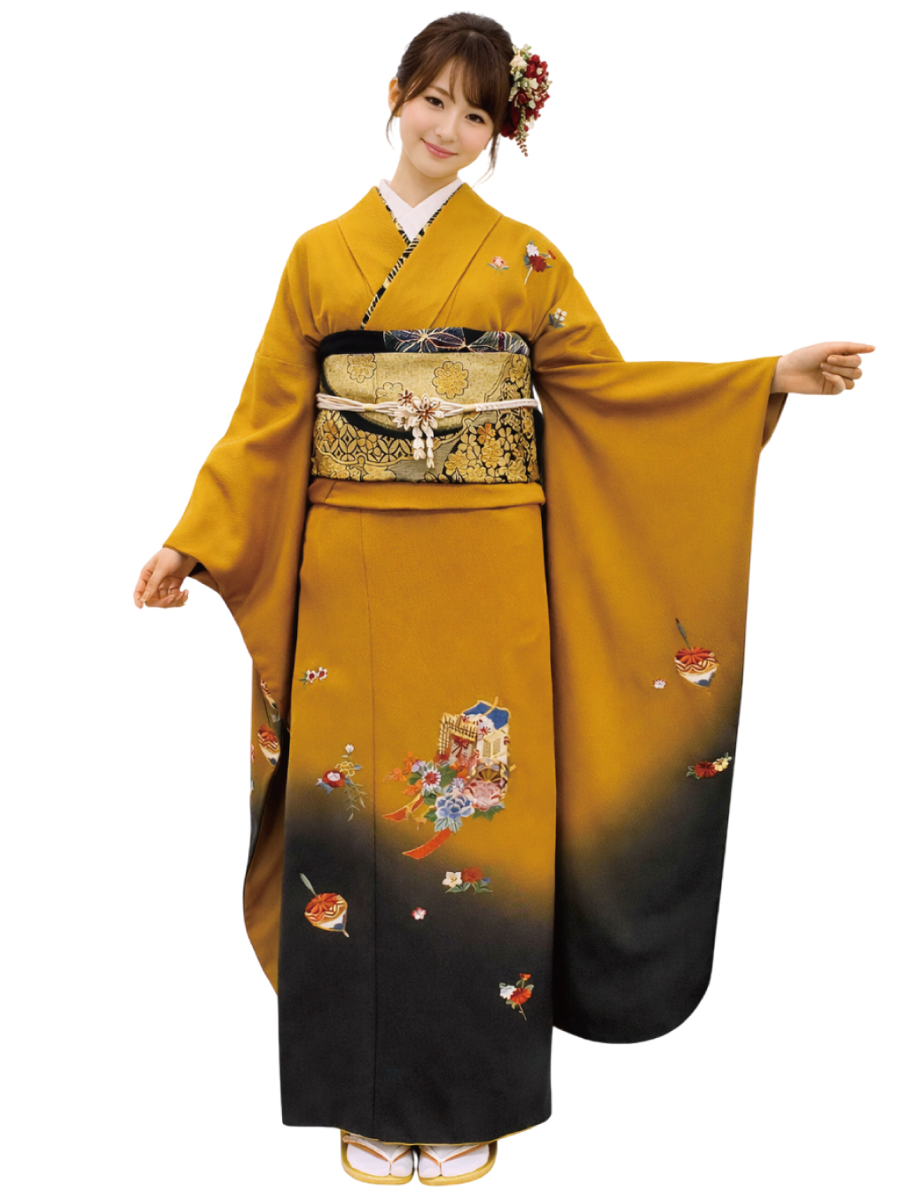 からし色　刺繍　振袖レンタル　Mサイズ　黄色