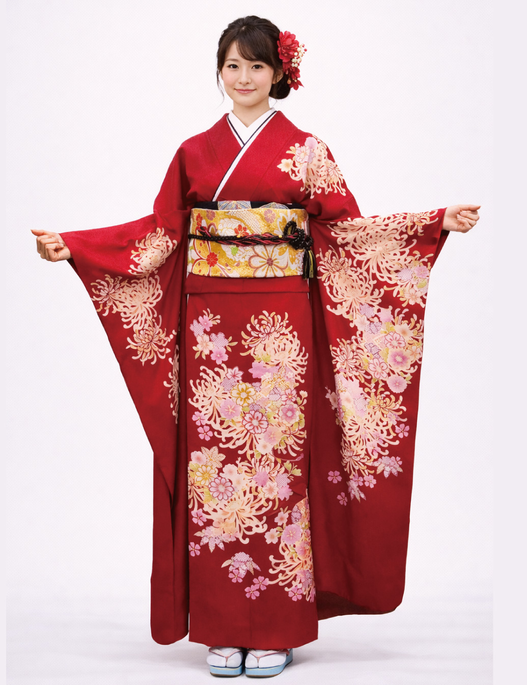 兵庫県　姫路　振袖レンタル　2L　　赤黒　菊　安い