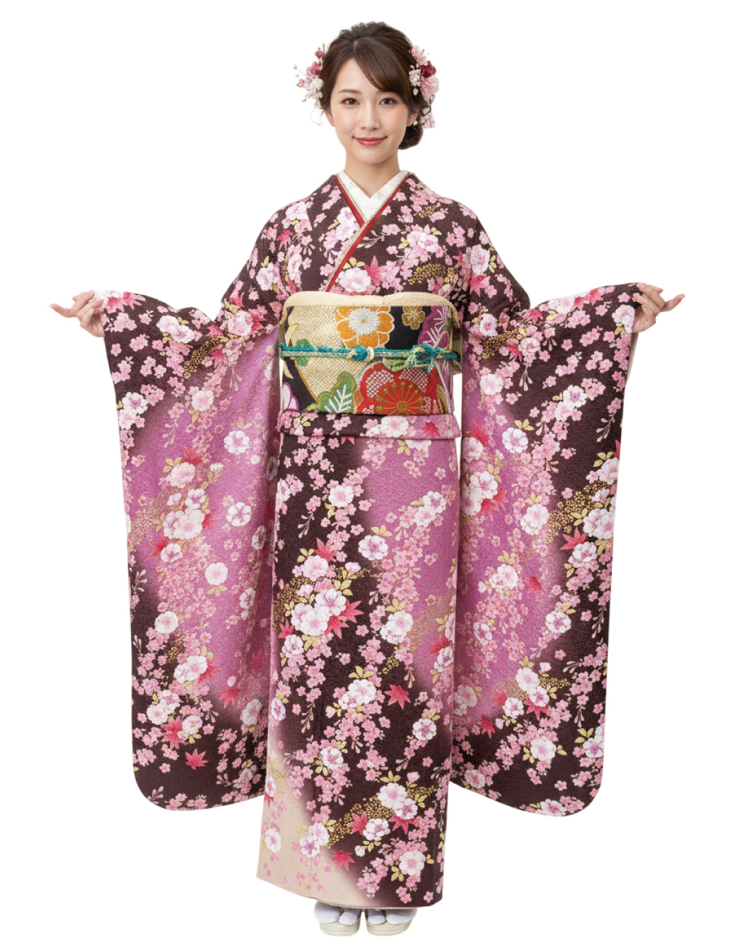 茶色-ピンク色の振袖レンタル　Mサイズ　桜柄