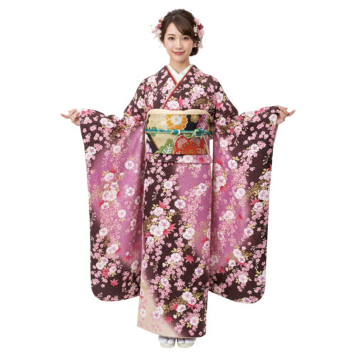 茶色-ピンク色の振袖レンタル　Mサイズ　桜柄
