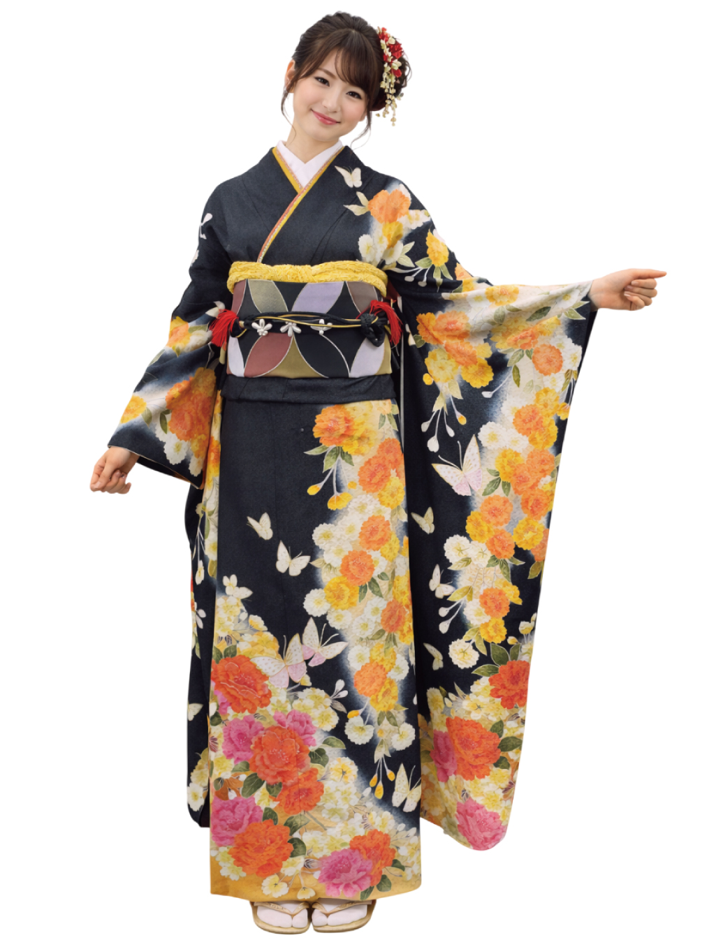 黒色　オレンジ　蝶　　振袖レンタル　Mサイズ　橙　オレンジ