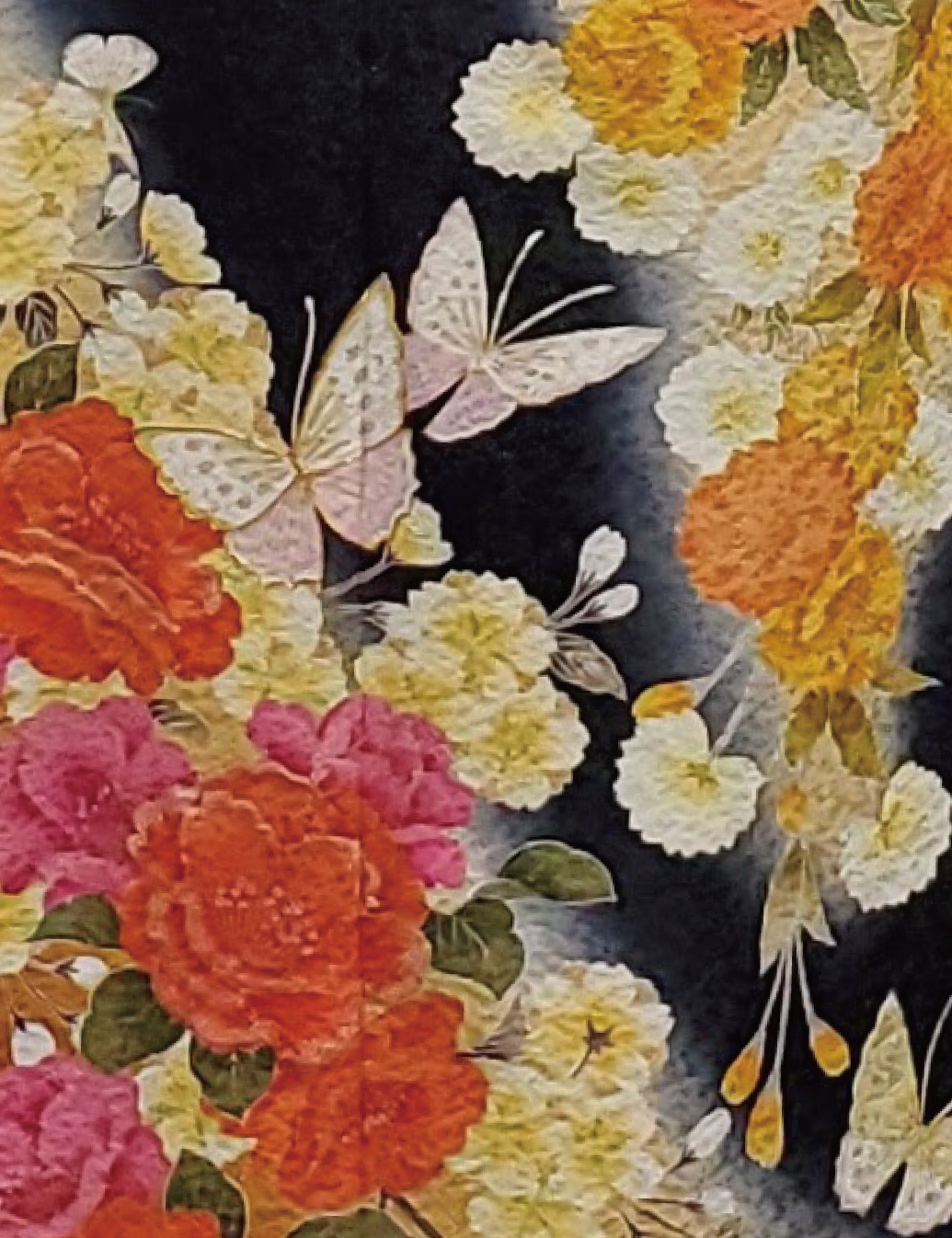 黒色　オレンジ　蝶　　振袖レンタル　Mサイズ　橙　オレンジ