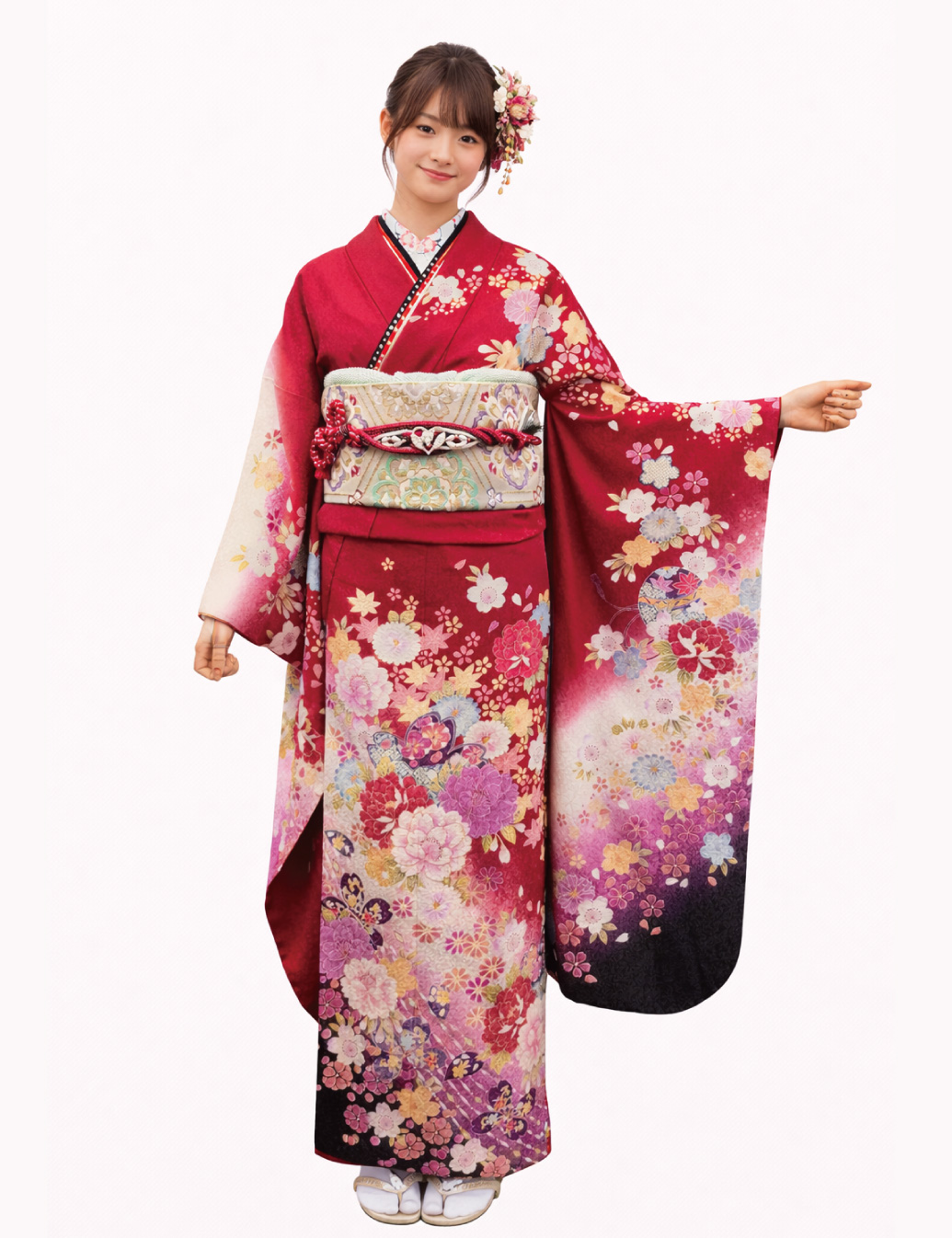 赤色の振袖レンタルＳサイズ　花柄　古典