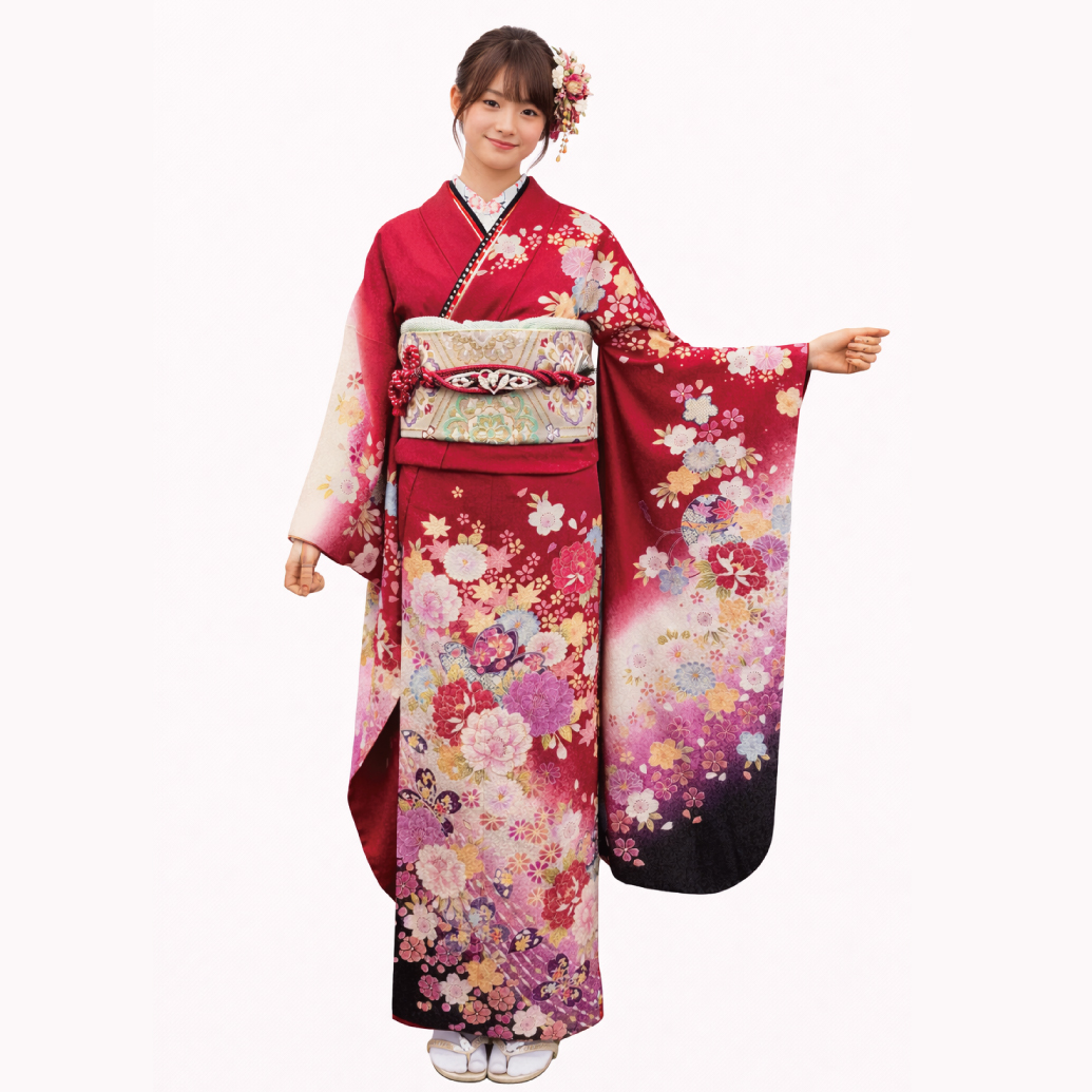 赤色の振袖レンタルSサイズ 花柄 古典