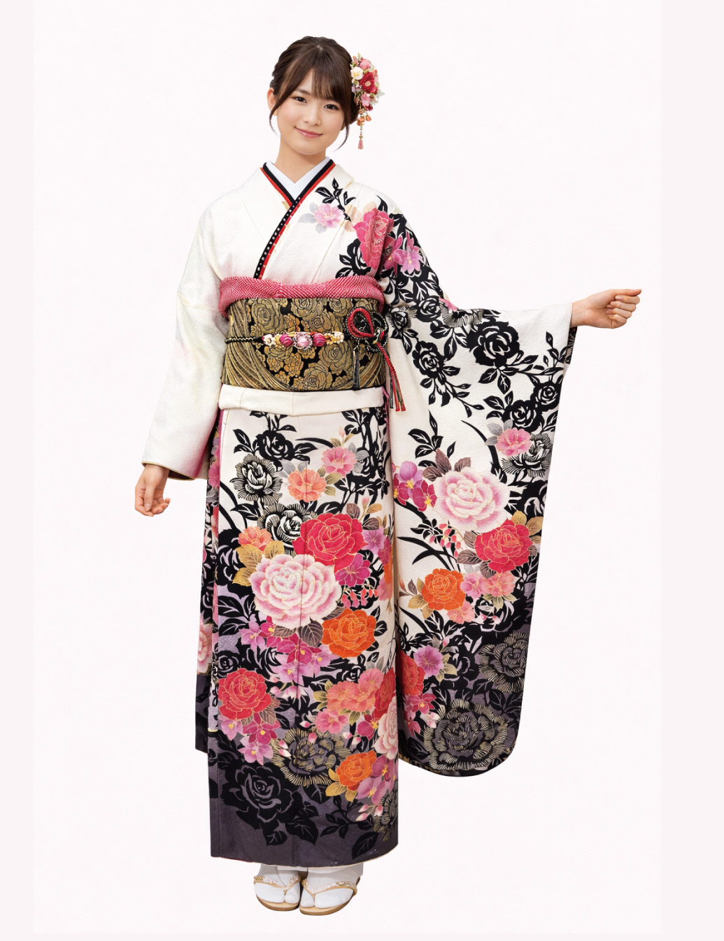 白地に薔薇柄の振袖