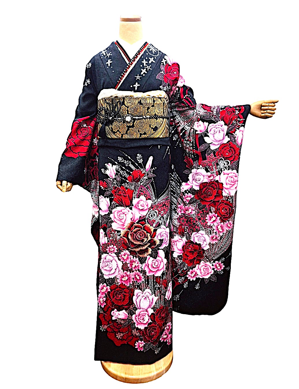 兵庫県姫路市 安い 振袖レンタル LLサイズ 赤 薔薇 豪華