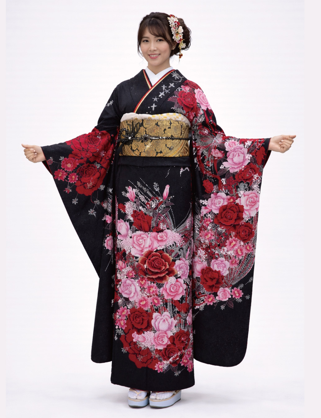 黒色振袖レンタル LLサイズ 赤 薔薇 豪華