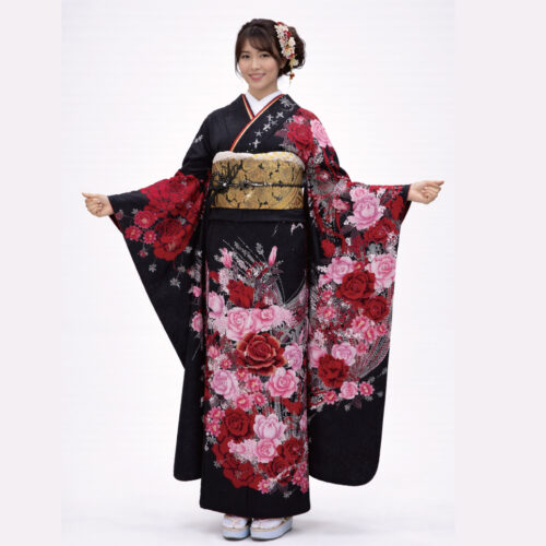 黒色振袖レンタル LLサイズ 赤 薔薇 豪華