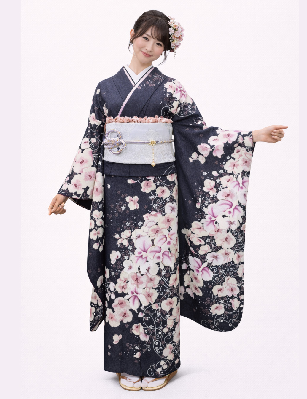 グレー・灰色の振袖レンタル Sサイズ 胡蝶蘭 蘭