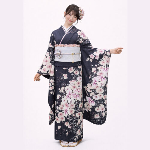 グレー・灰色の振袖レンタル　Sサイズ　胡蝶蘭　蘭