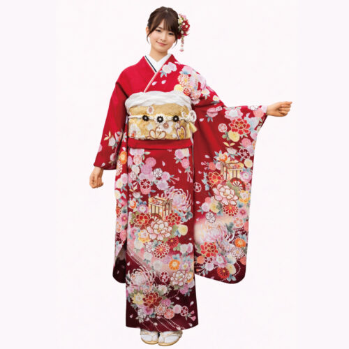 赤色、和風桜柄の古典柄、姫路市振袖レンタル