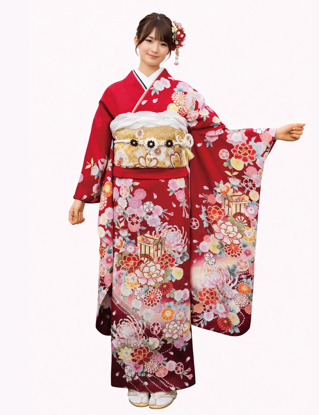 赤色、和風桜柄の古典柄、姫路市振袖レンタル