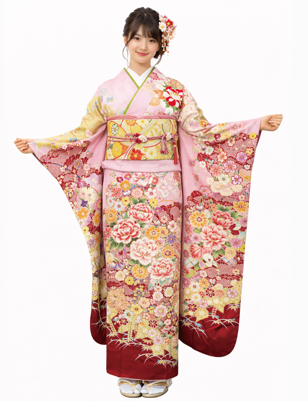 振袖レンタル　Lサイズ　桃色　蝶　花　可愛い