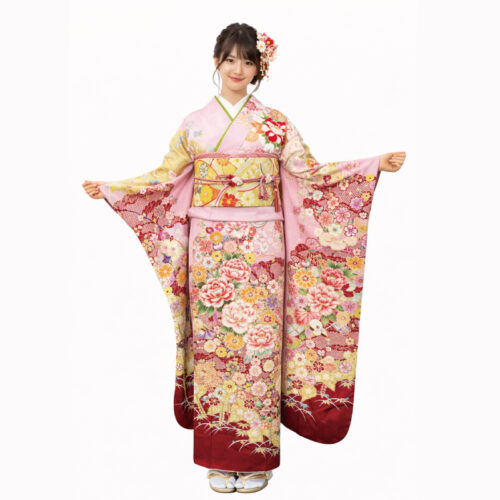 振袖レンタル　Lサイズ　桃色　蝶　花　可愛い