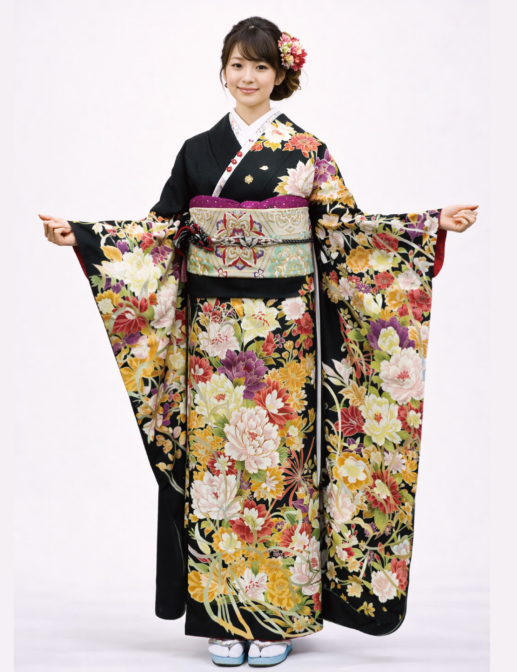 振袖レンタル　LLサイズ　黒色　大柄の牡丹