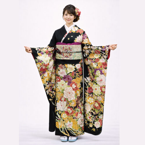 振袖レンタル　LLサイズ　黒色　大柄の牡丹