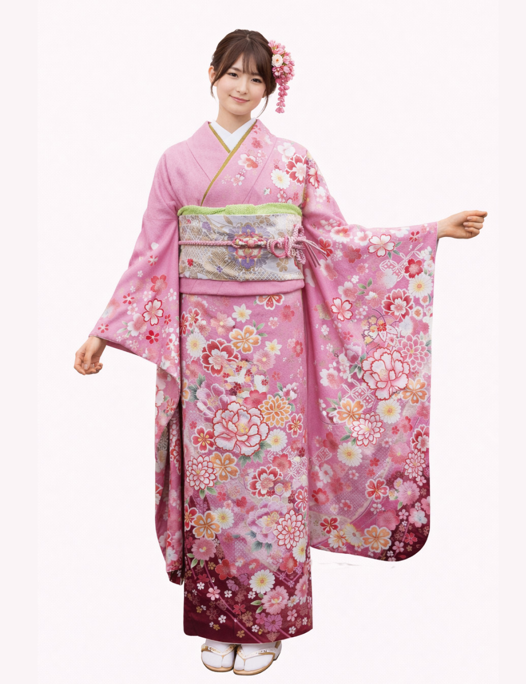 桃色 手毬、桜の可愛い振袖レンタル